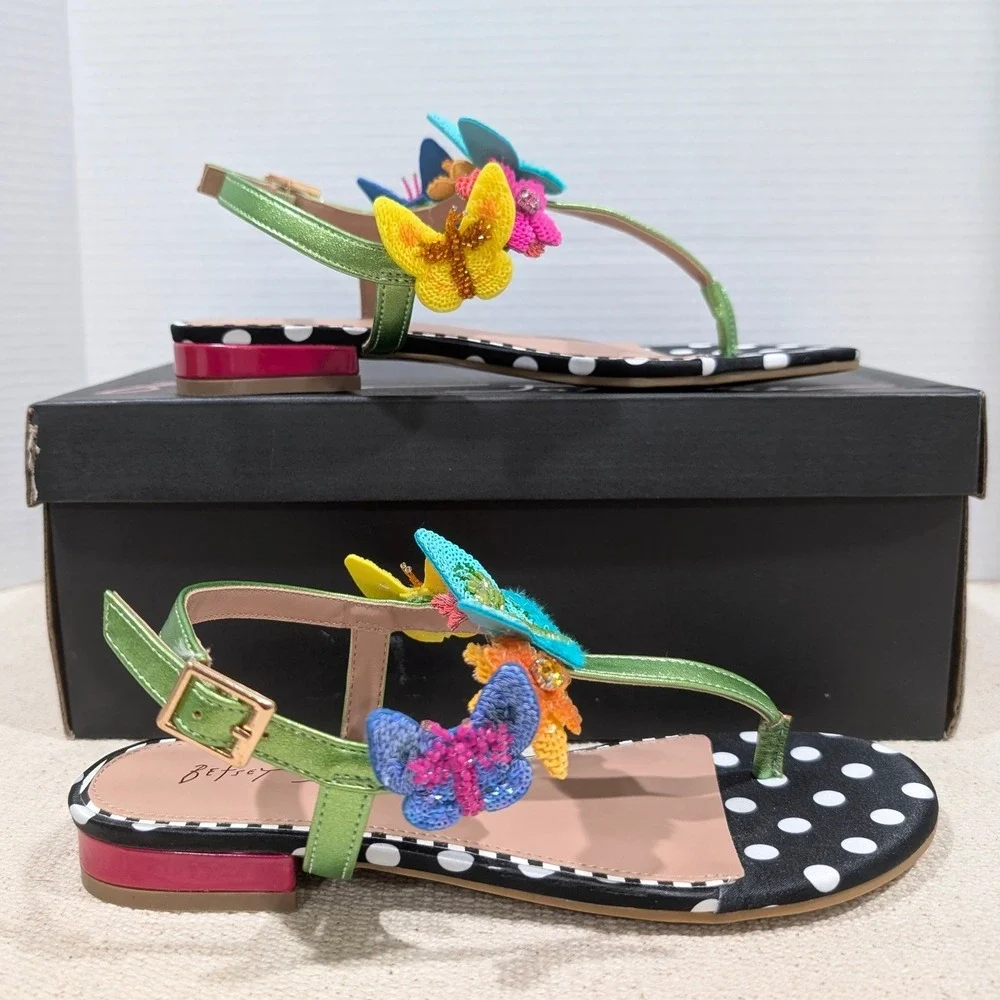 Betsey Johnson Halie Butterfly Floral Polka Dot Sandals Black Multi Size 7 NIB